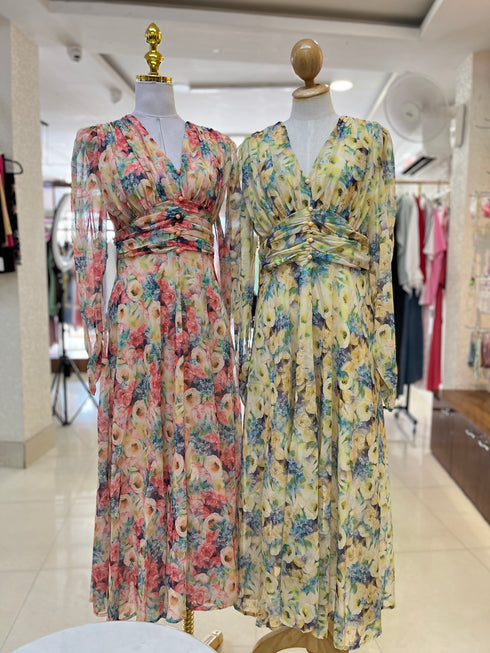 V-neck Long Sleeves Floral Dresses